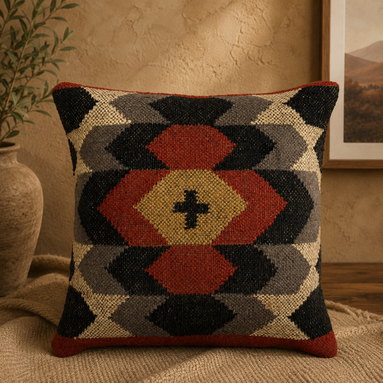 Olive Green Floral Kilim Cushion Cover | Tulip Motif Woven Pillow | Traditional Boho Accent